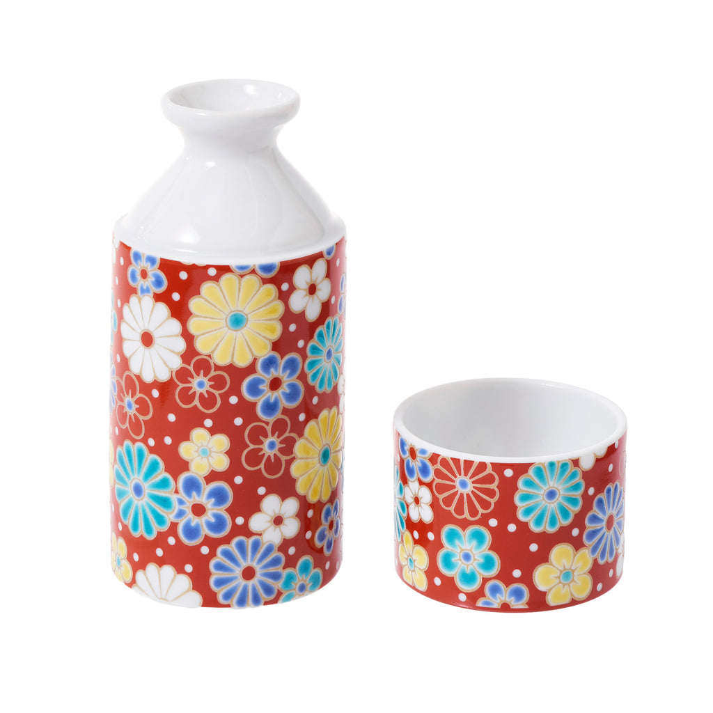 Kutani Ware Sake Flask & Cup Set - Flowers