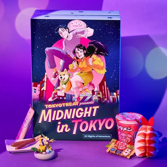 The manga-themed Midnight in Tokyo Advent calendar. It's bathed in neon purple lighting. 