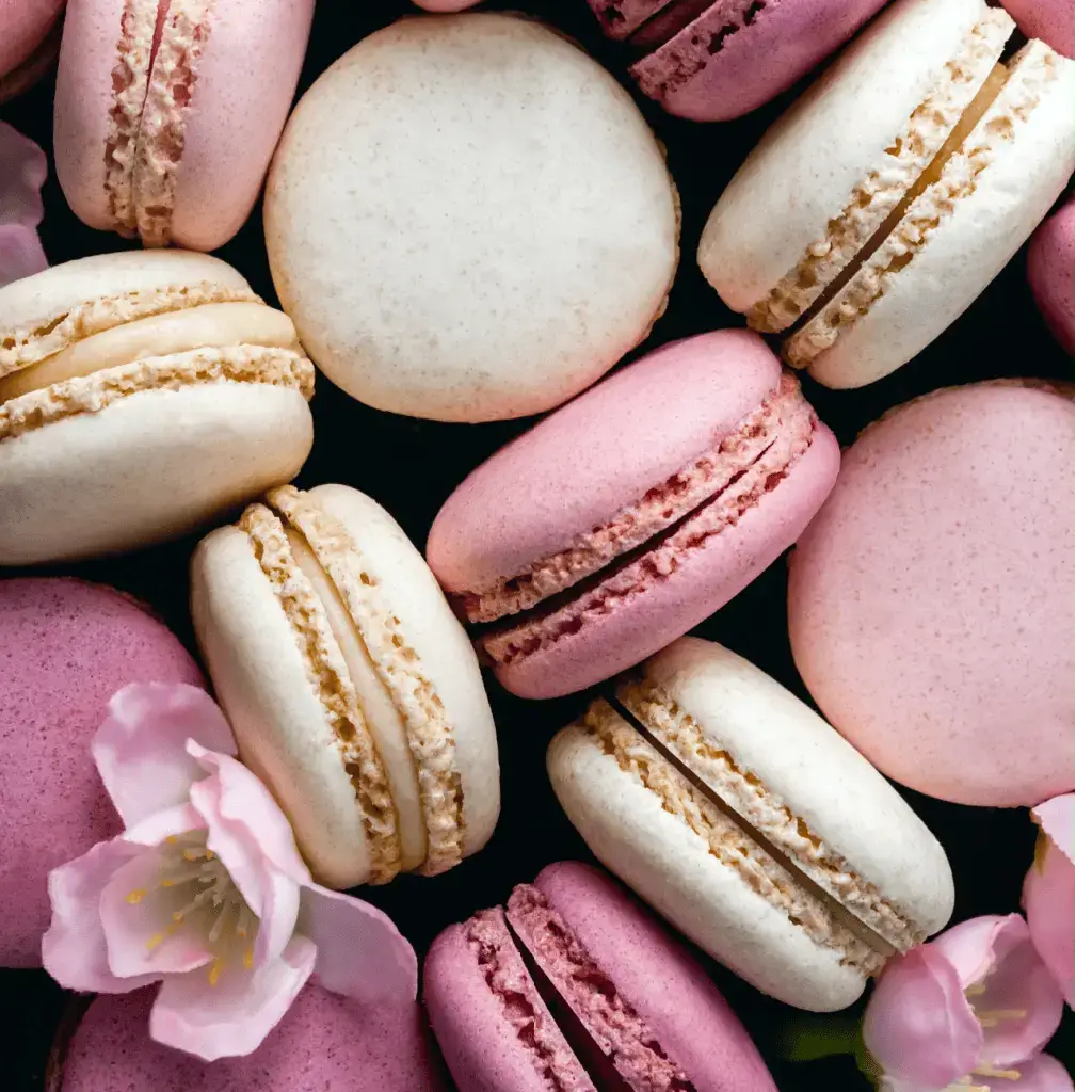 A close up of sakura cherry blossom macarons. 