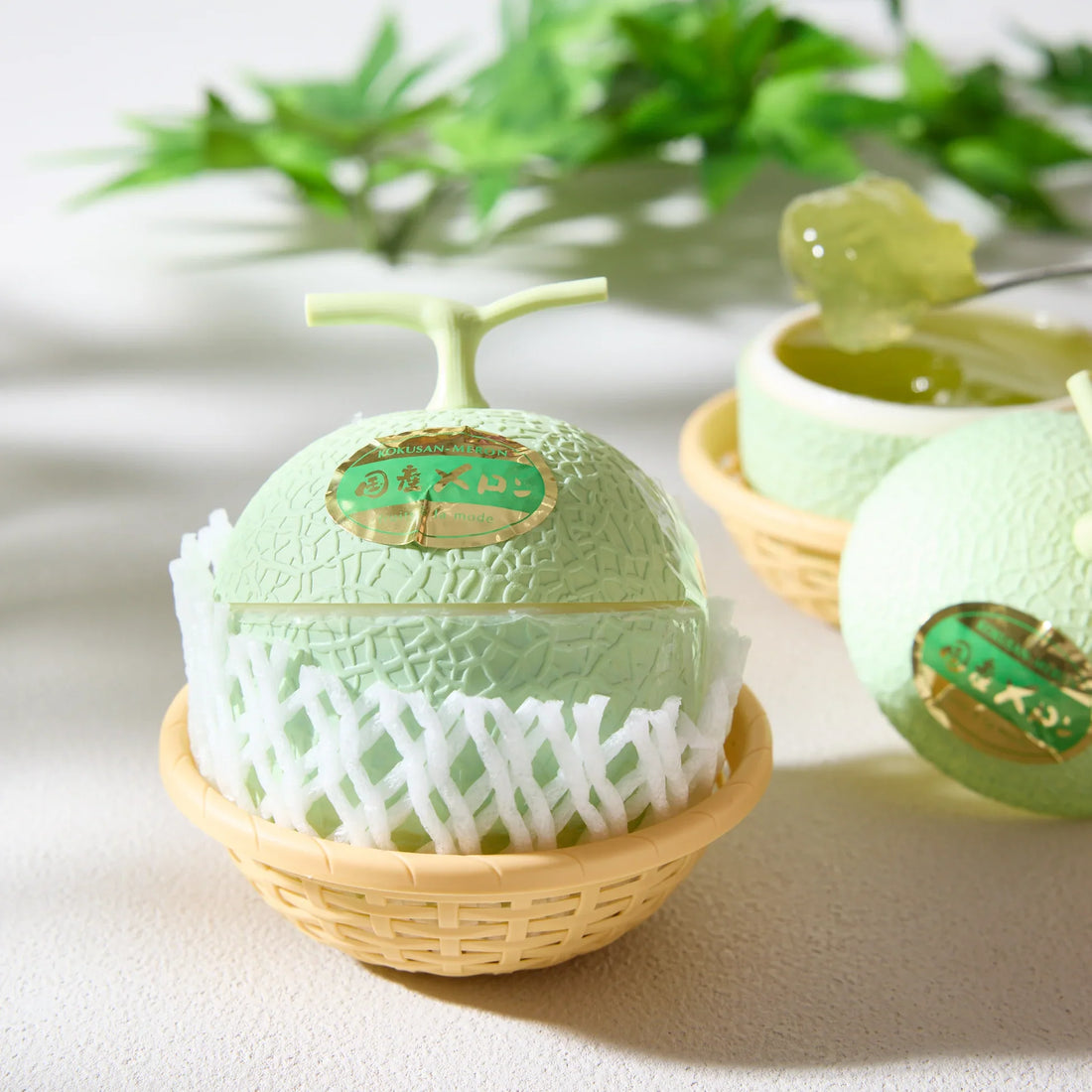 Melon jelly in a melon shaped container, one of many summer snacks. 