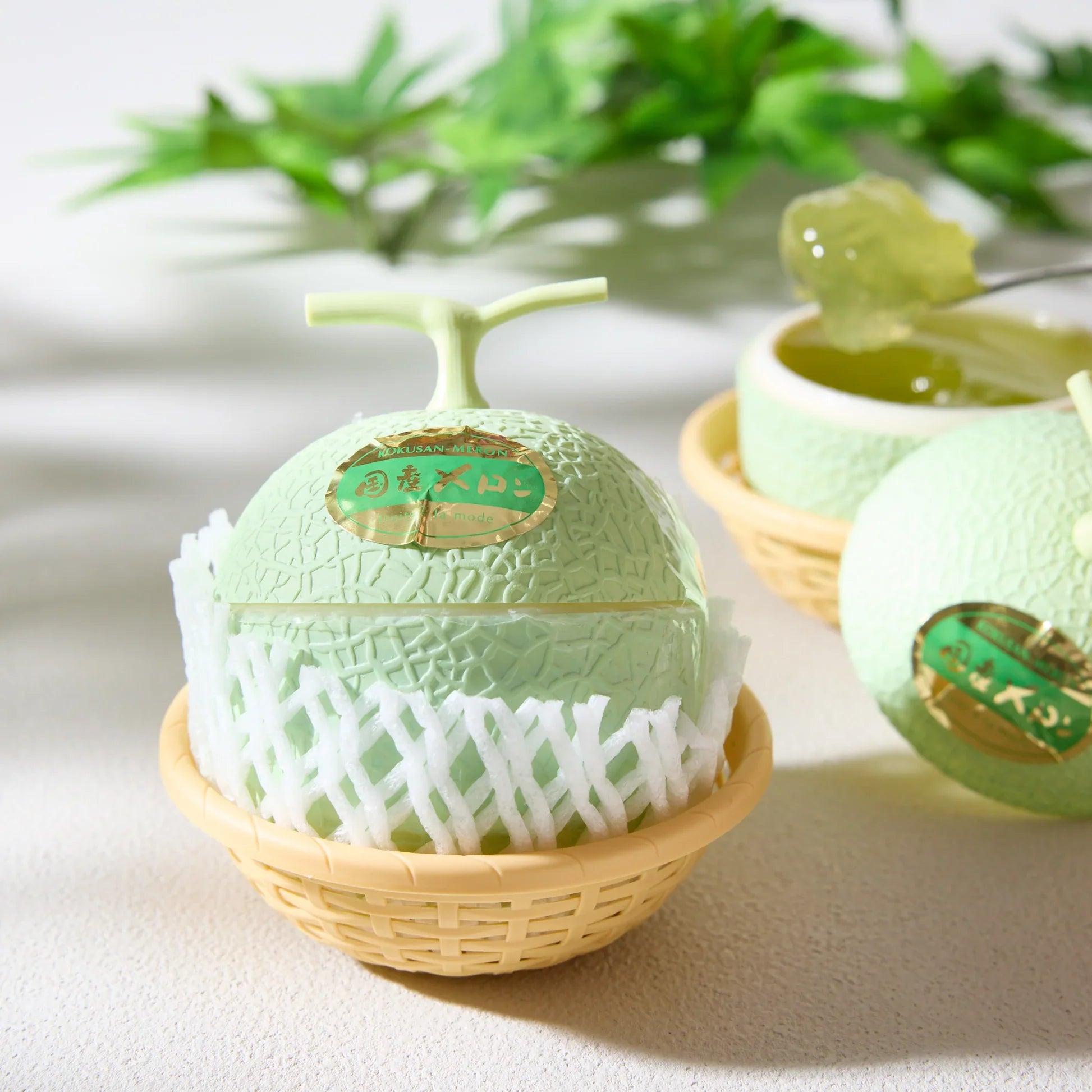 Melon jelly in a melon shaped container, one of many summer snacks. 