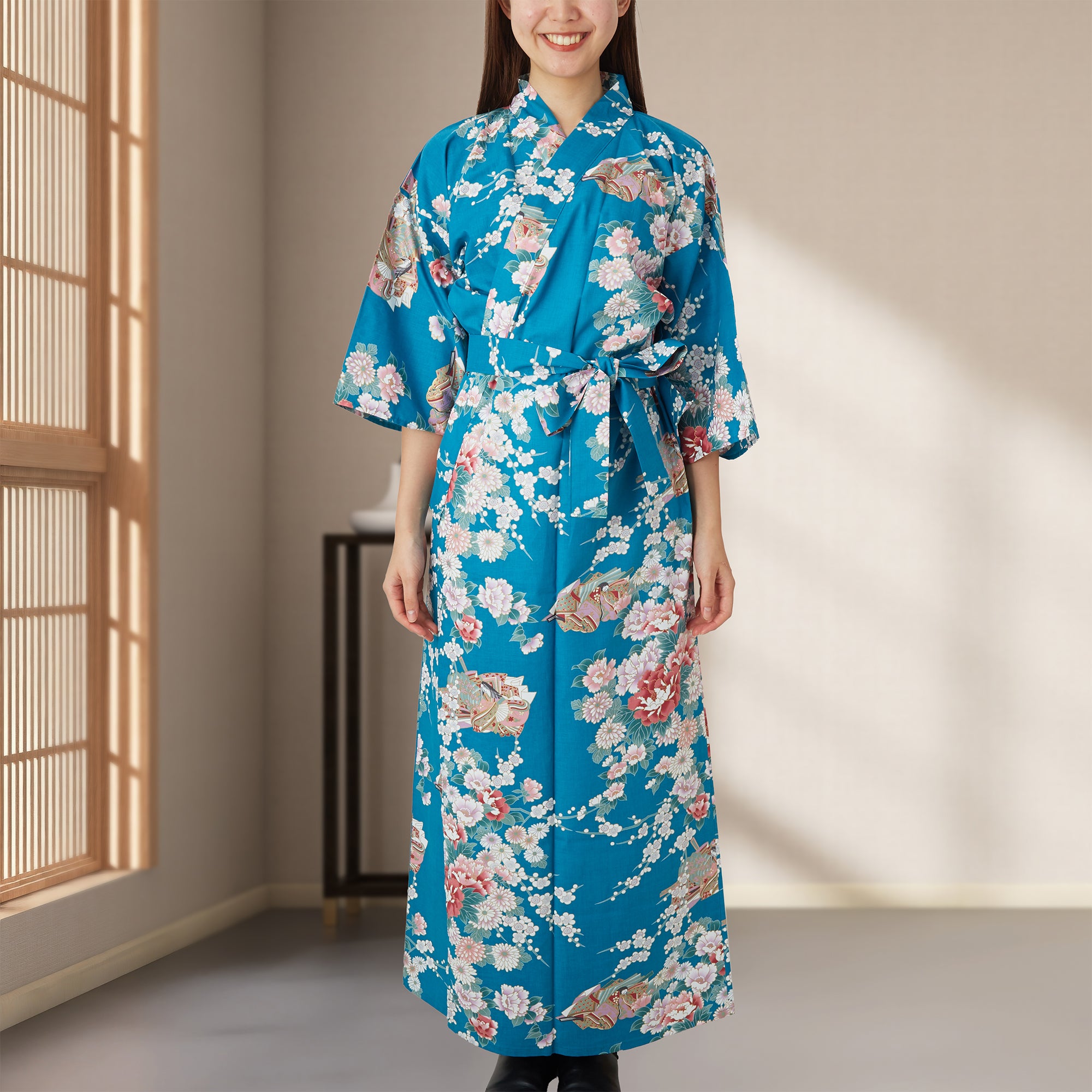 Japanese Kimono Robe - Turquoise Peony