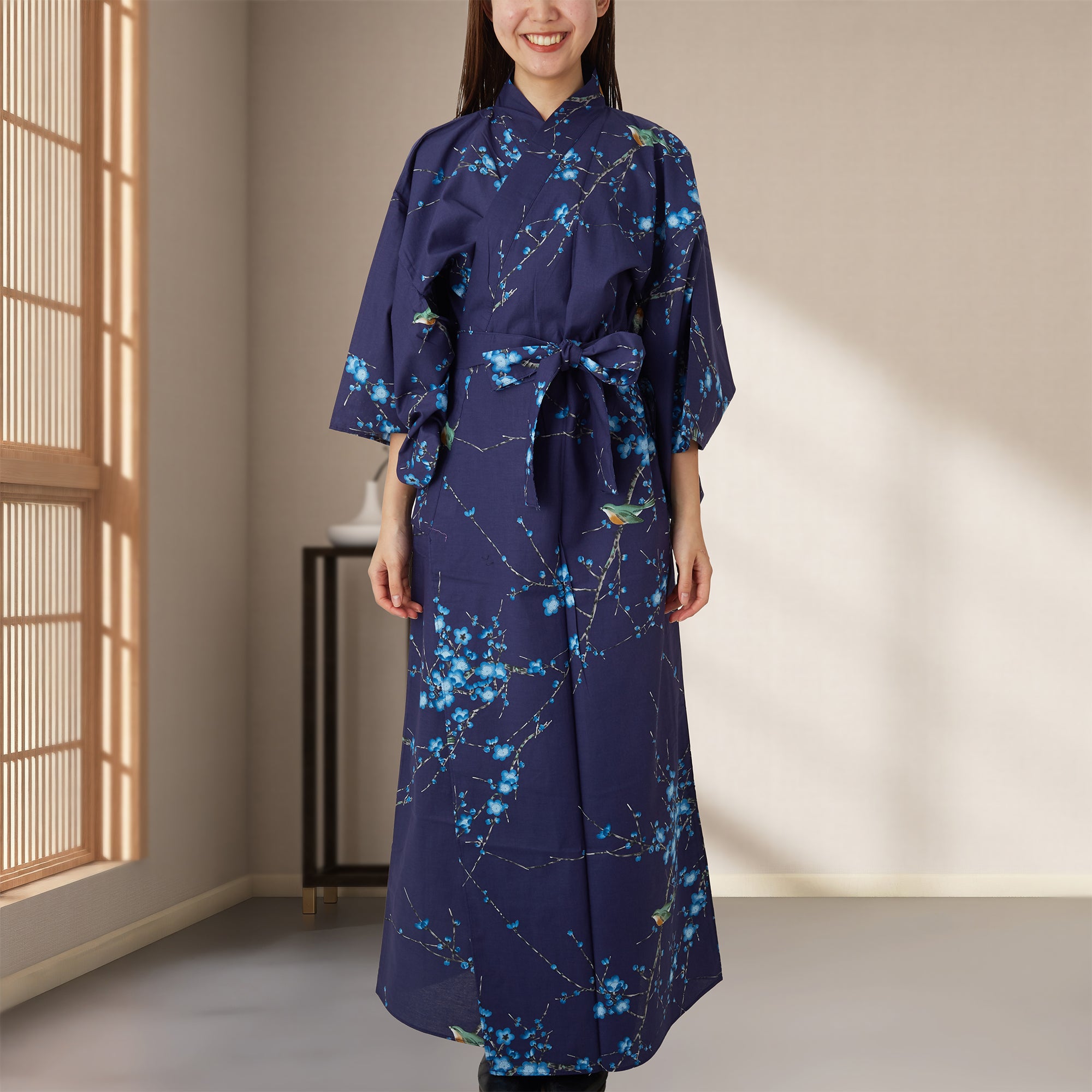 Japanese Kimono Robe - Navy Blue Bird