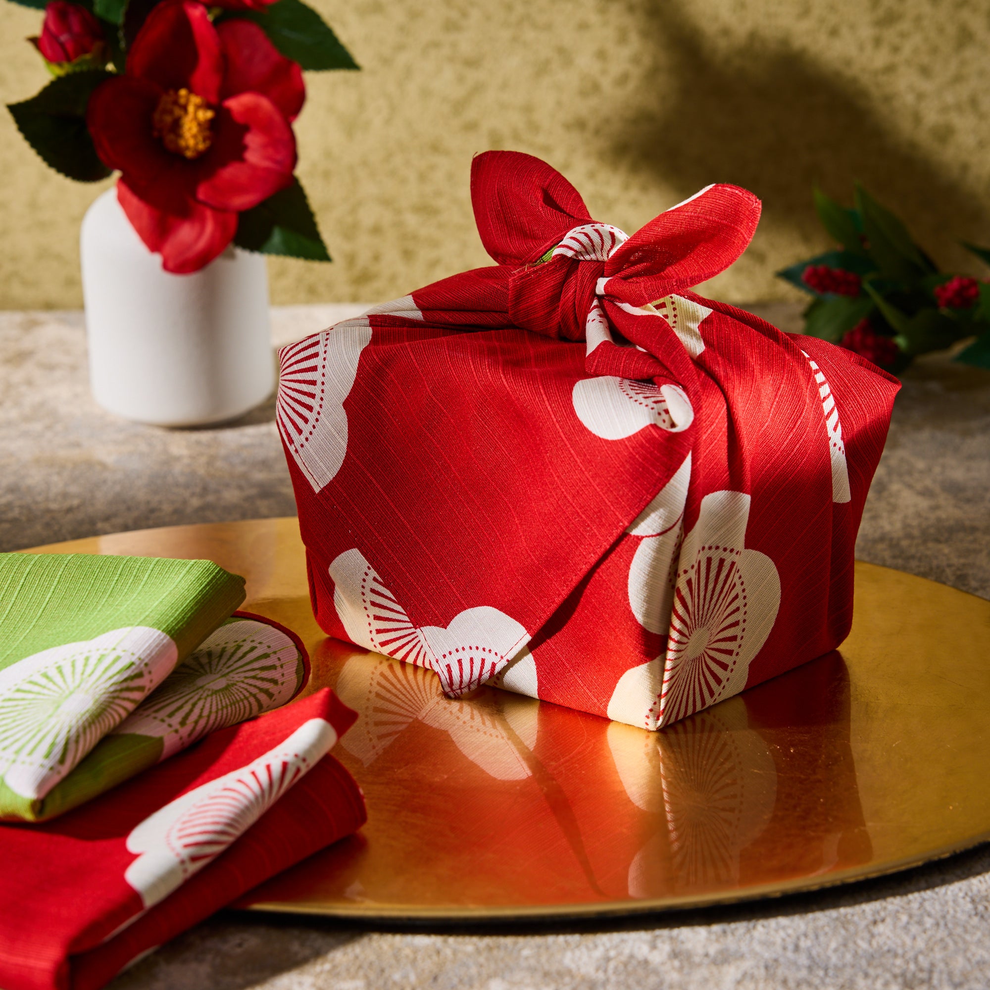 Plum Blossom Reversible Furoshiki (Red/Green) 5pcs set
