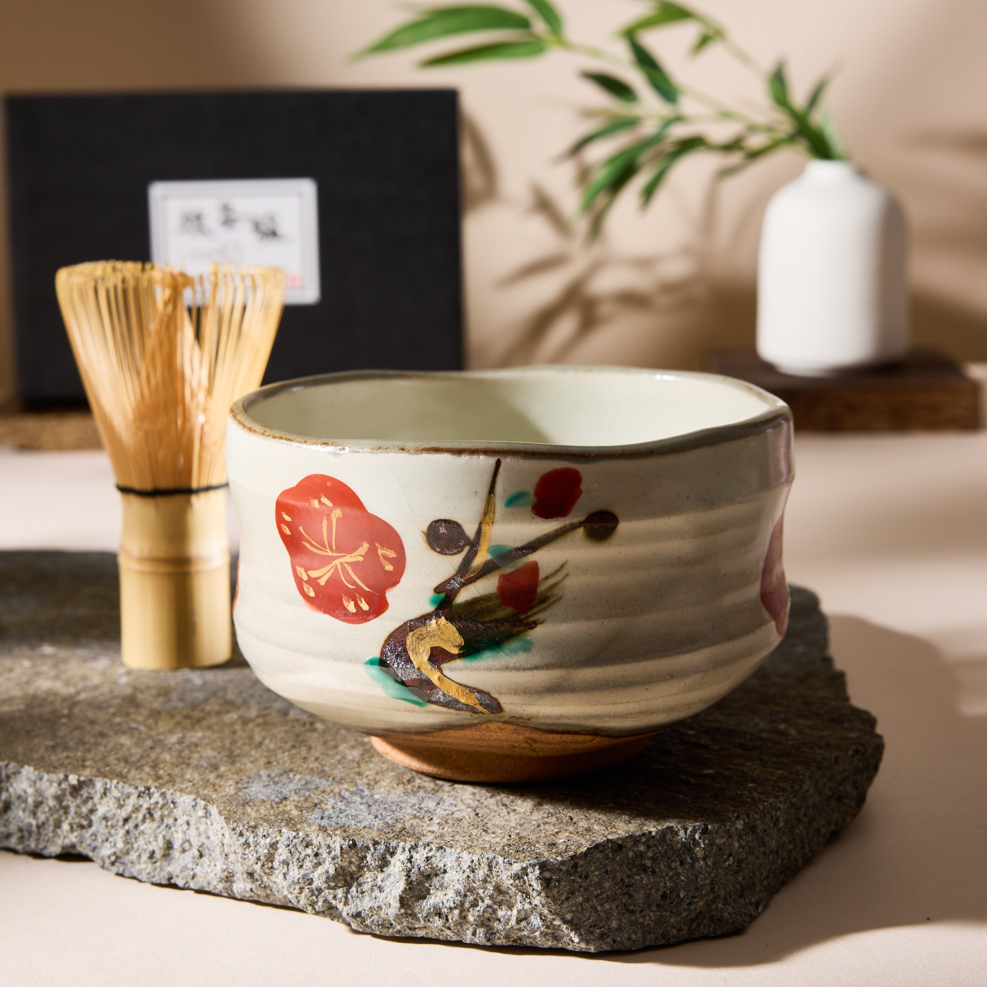 Kohiki-style Red Plum Matcha Bowl & Chasen Set