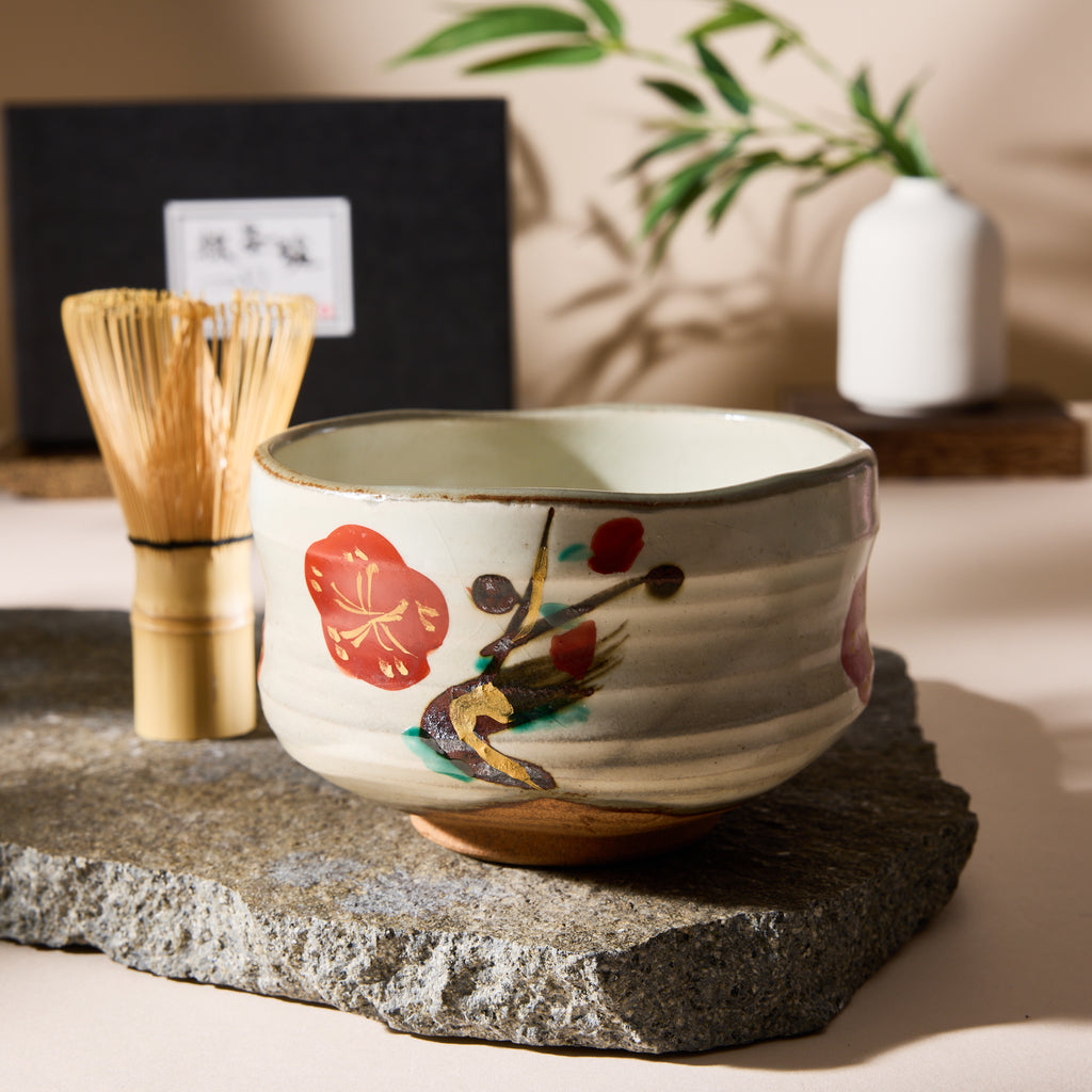 Kohiki-style Red Plum Matcha Bowl & Chasen Set