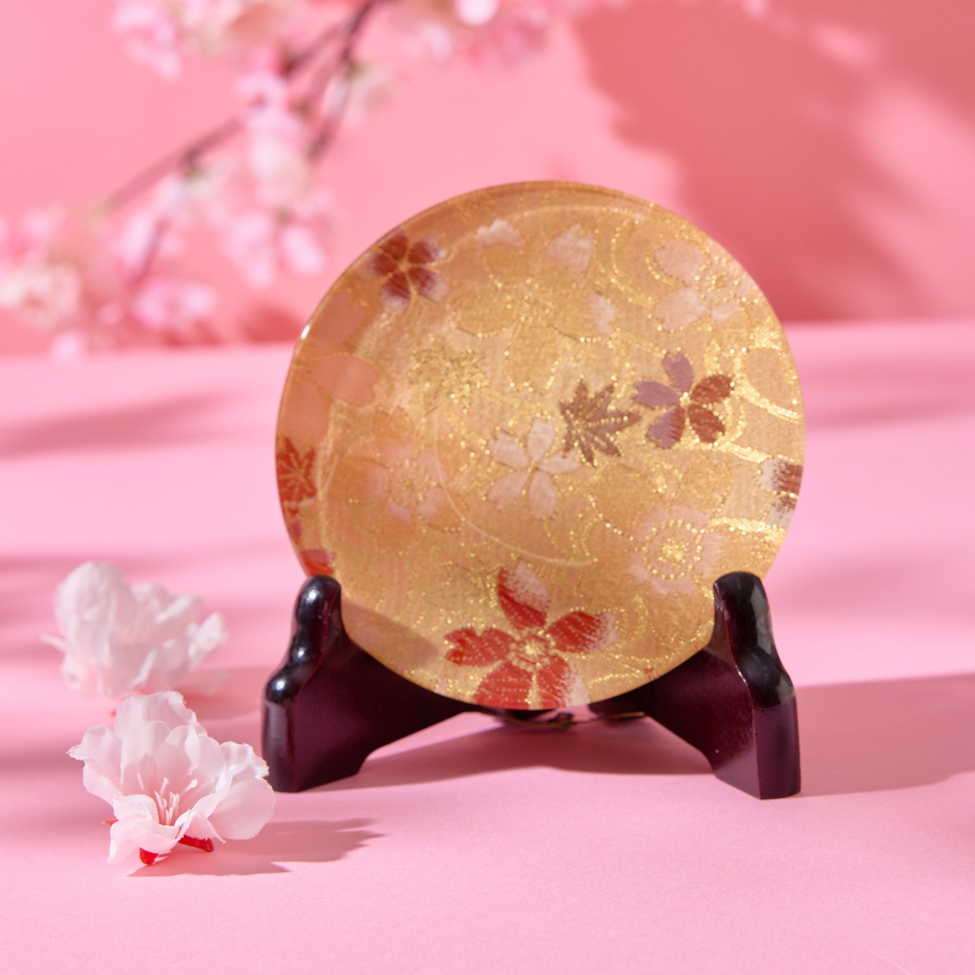 Nishijin Brocade Obi Small Round Glass Plate - Sakura Gold