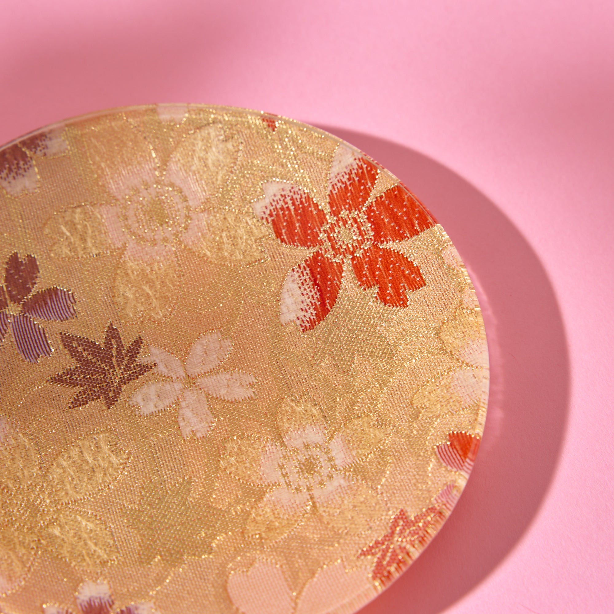 Nishijin Brocade Obi Small Round Glass Plate - Sakura Gold