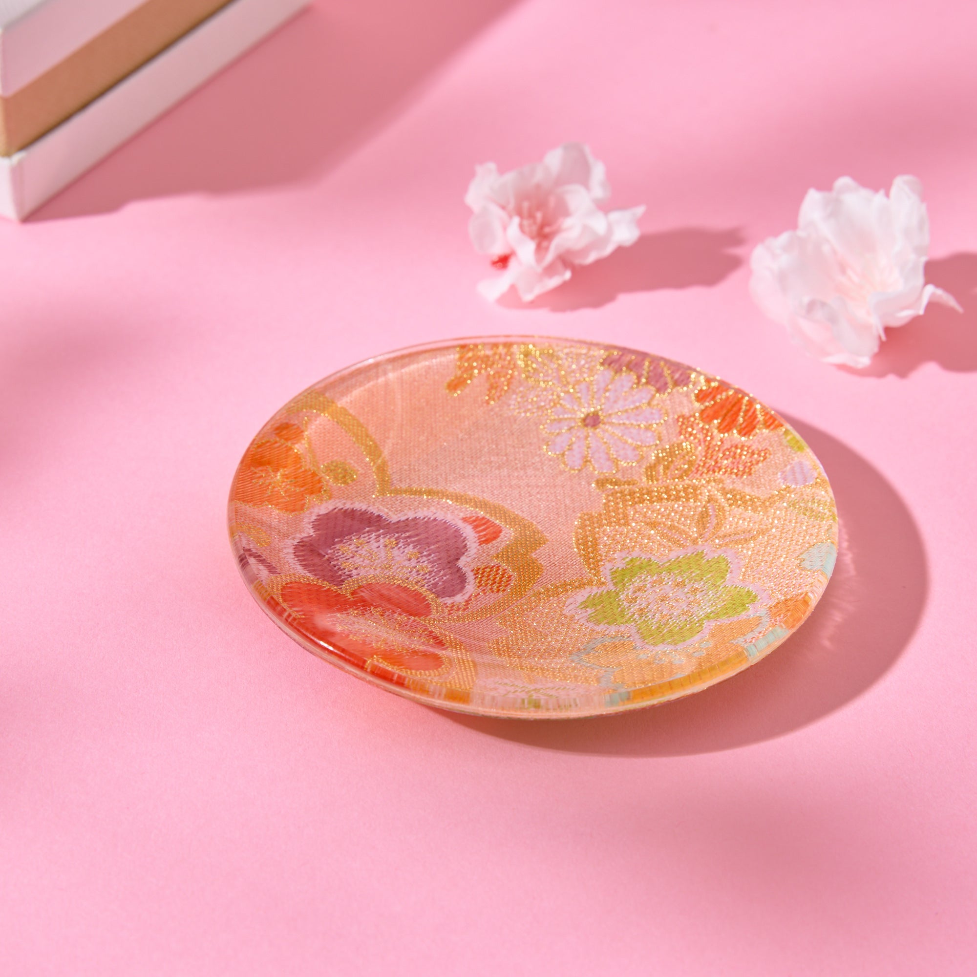 Nishijin Brocade Obi Small Round Glass Plate - Pink