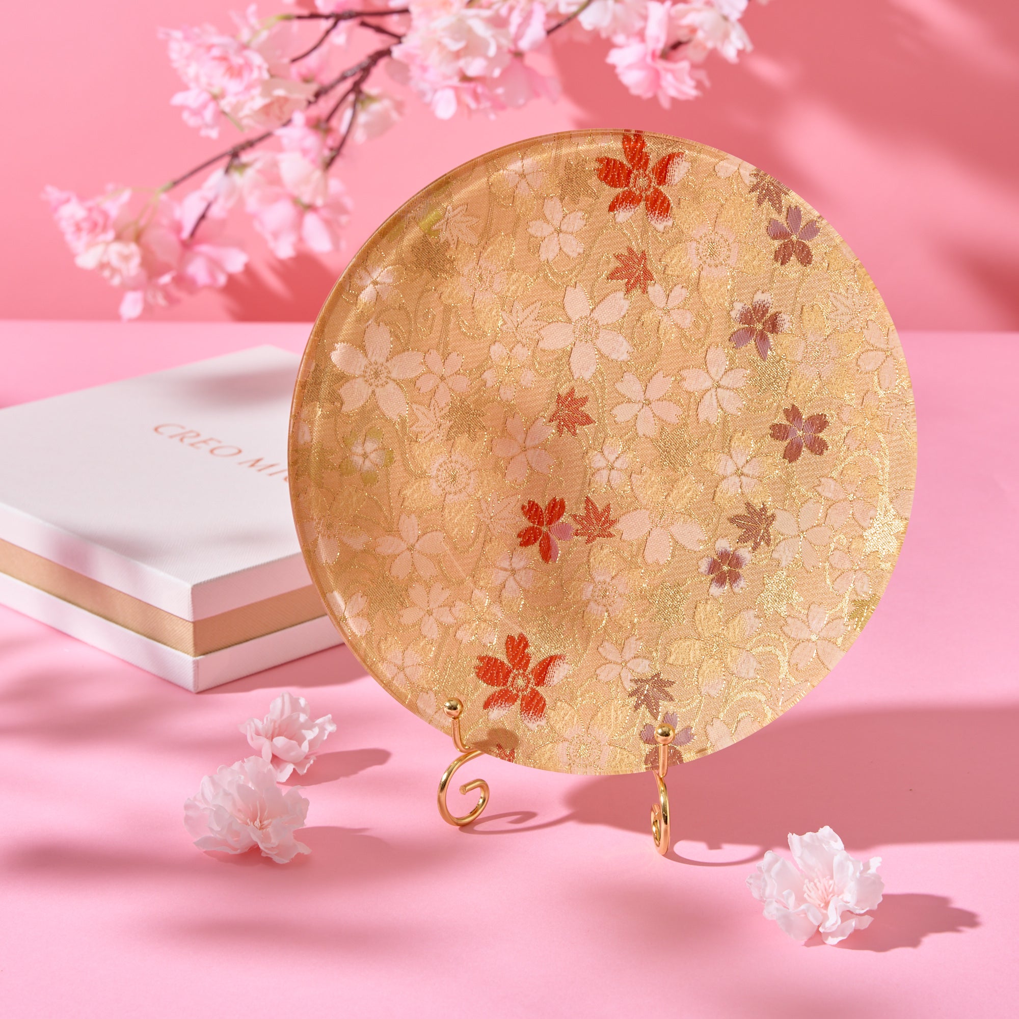 Nishijin Brocade Obi Large Round Glass Plate - Sakura Gold