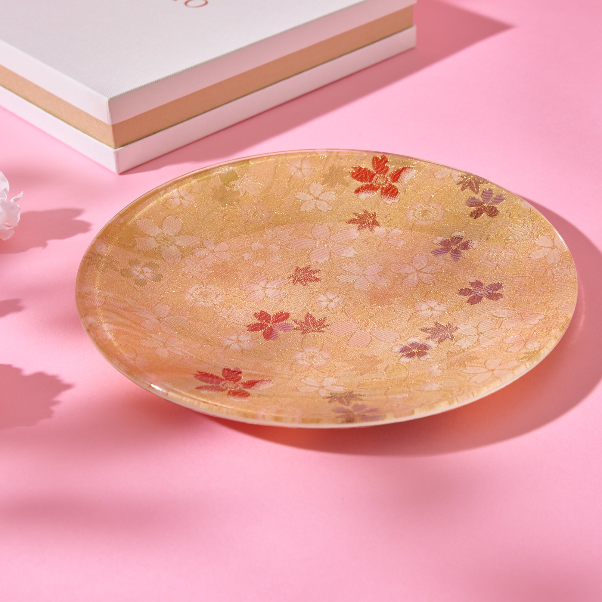 Nishijin Brocade Obi Large Round Glass Plate - Sakura Gold