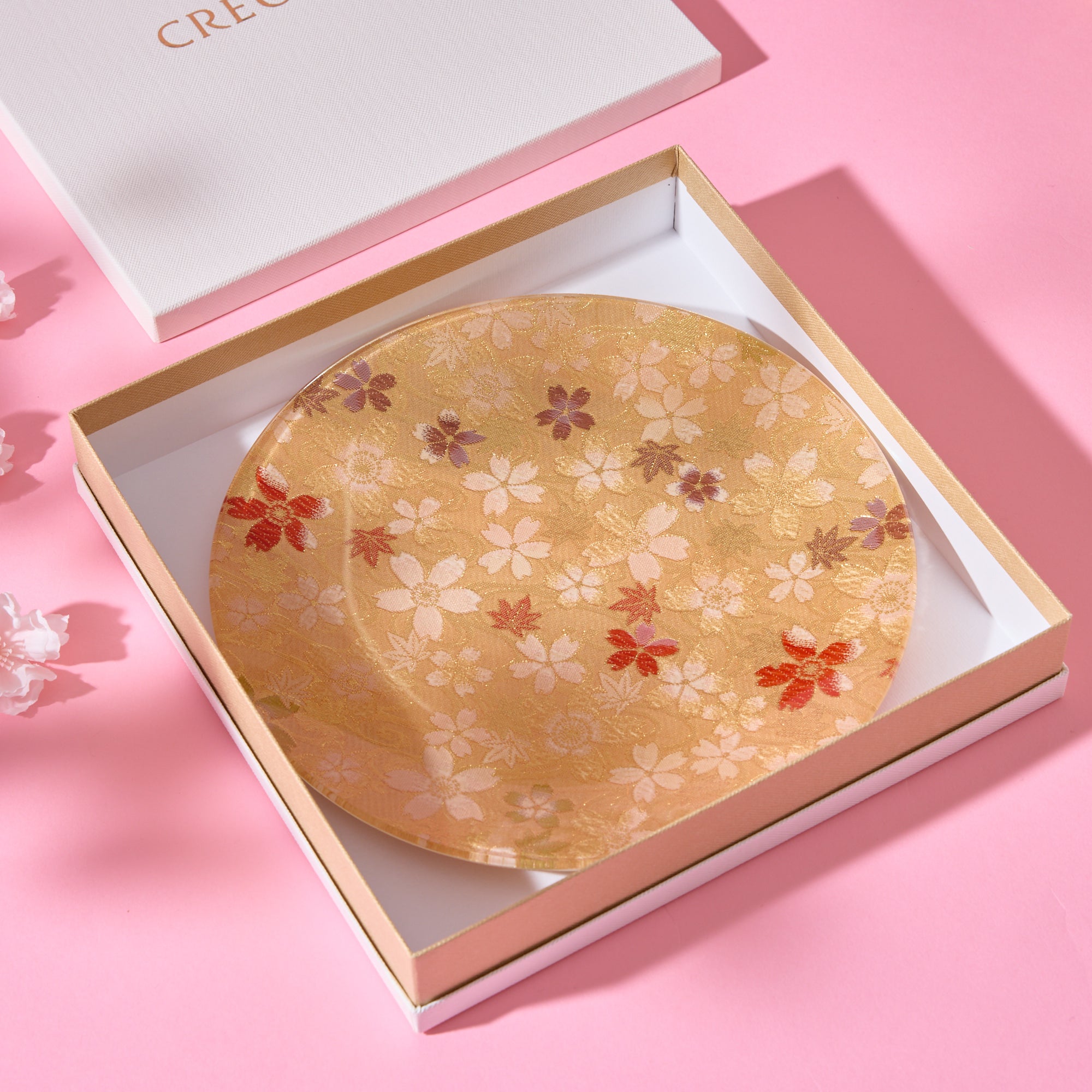 Nishijin Brocade Obi Large Round Glass Plate - Sakura Gold
