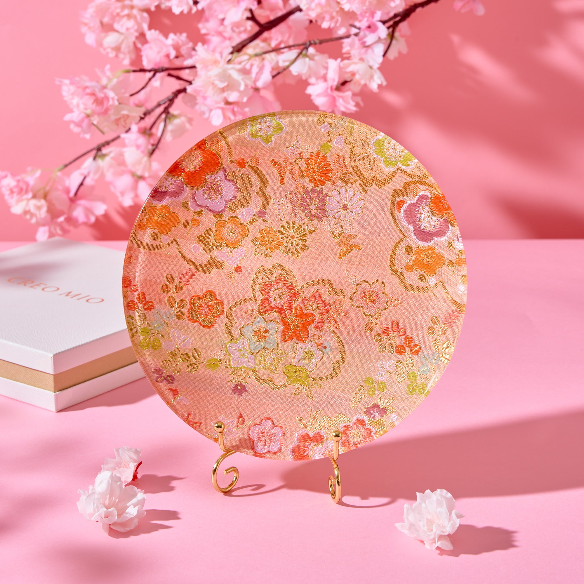 Nishijin Brocade Obi Large Round Glass Plate - Pink
