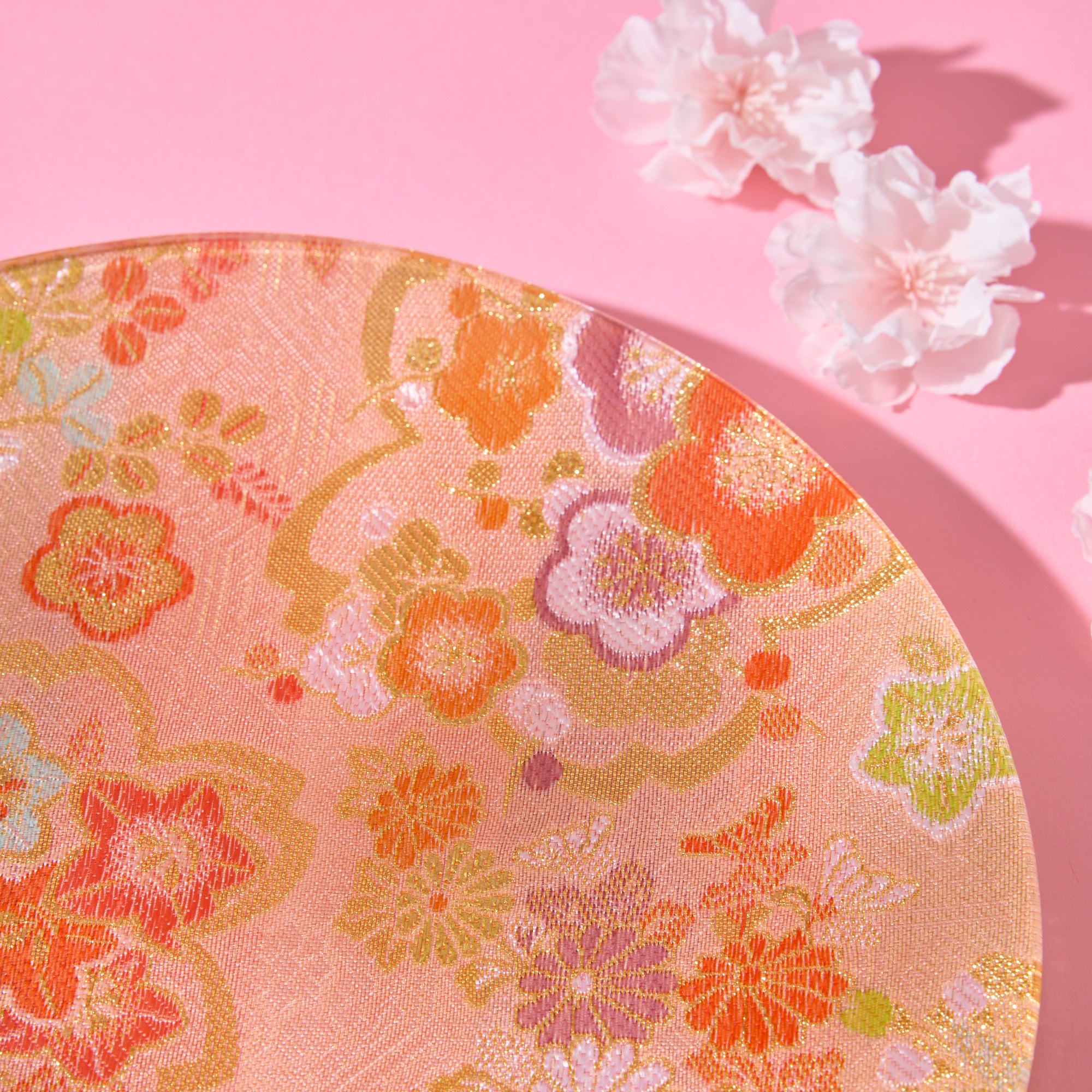 Nishijin Brocade Obi Large Round Glass Plate - Pink