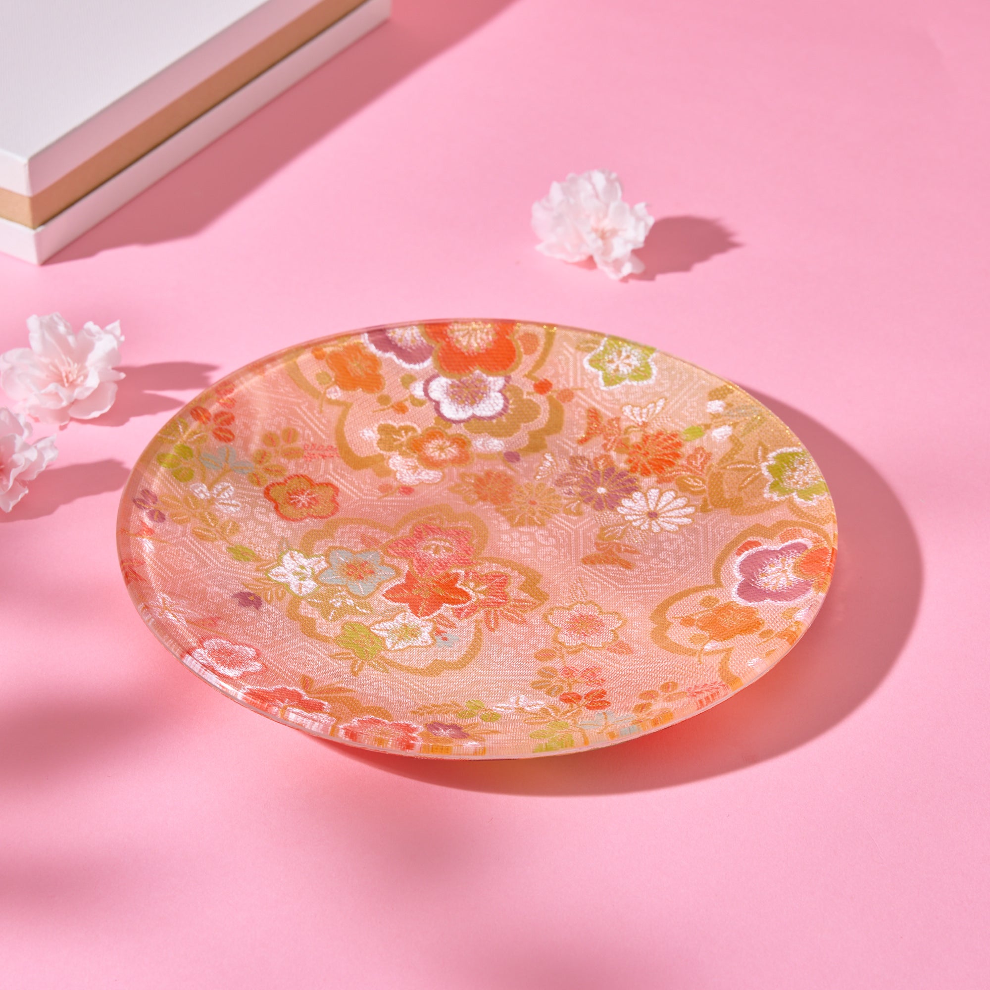 Nishijin Brocade Obi Large Round Glass Plate - Pink