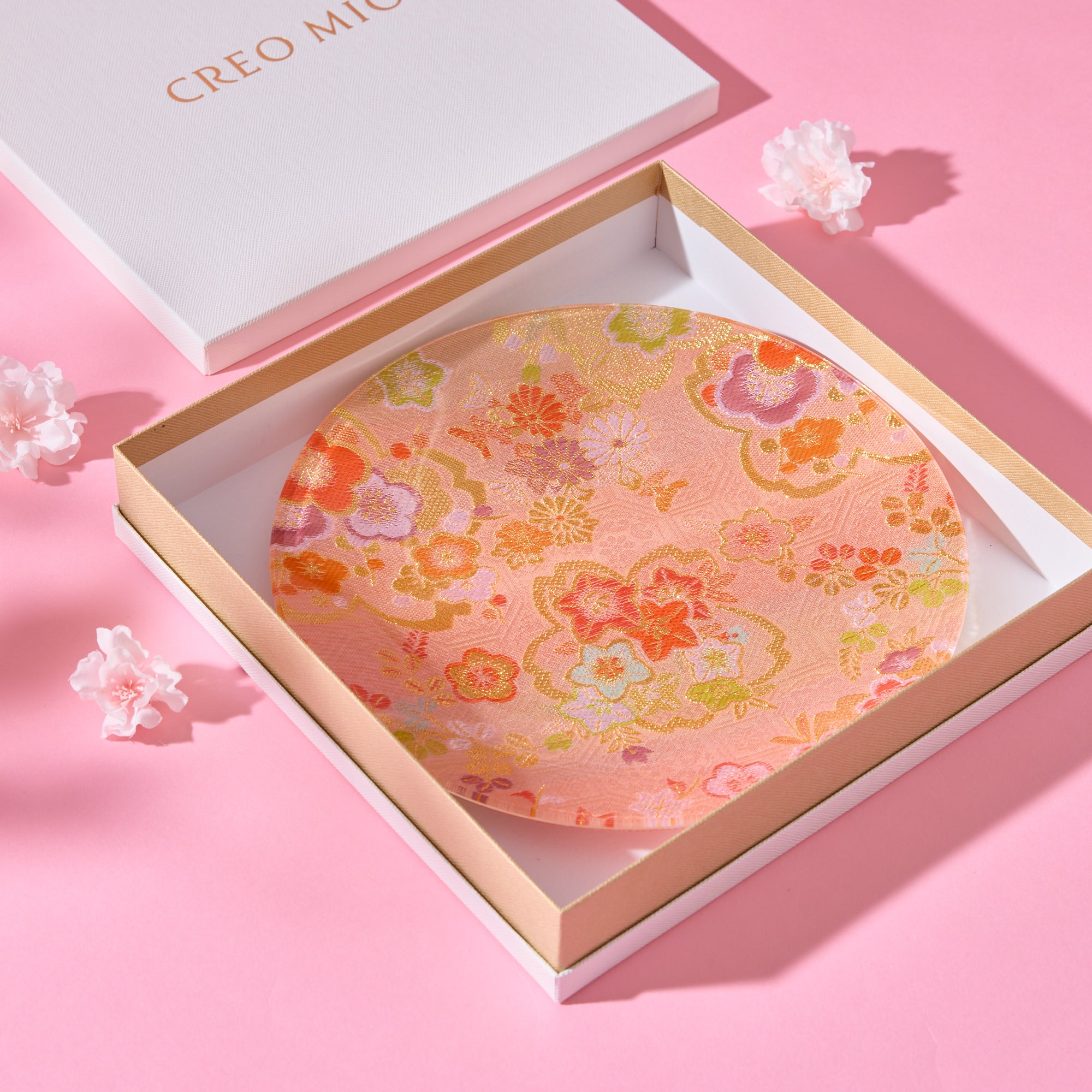 Nishijin Brocade Obi Large Round Glass Plate - Pink