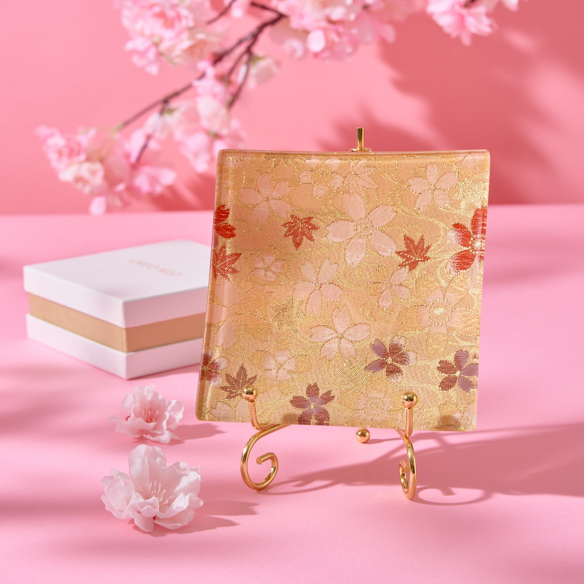 Nishijin Brocade Obi Small Square Glass Plate - Sakura Gold
