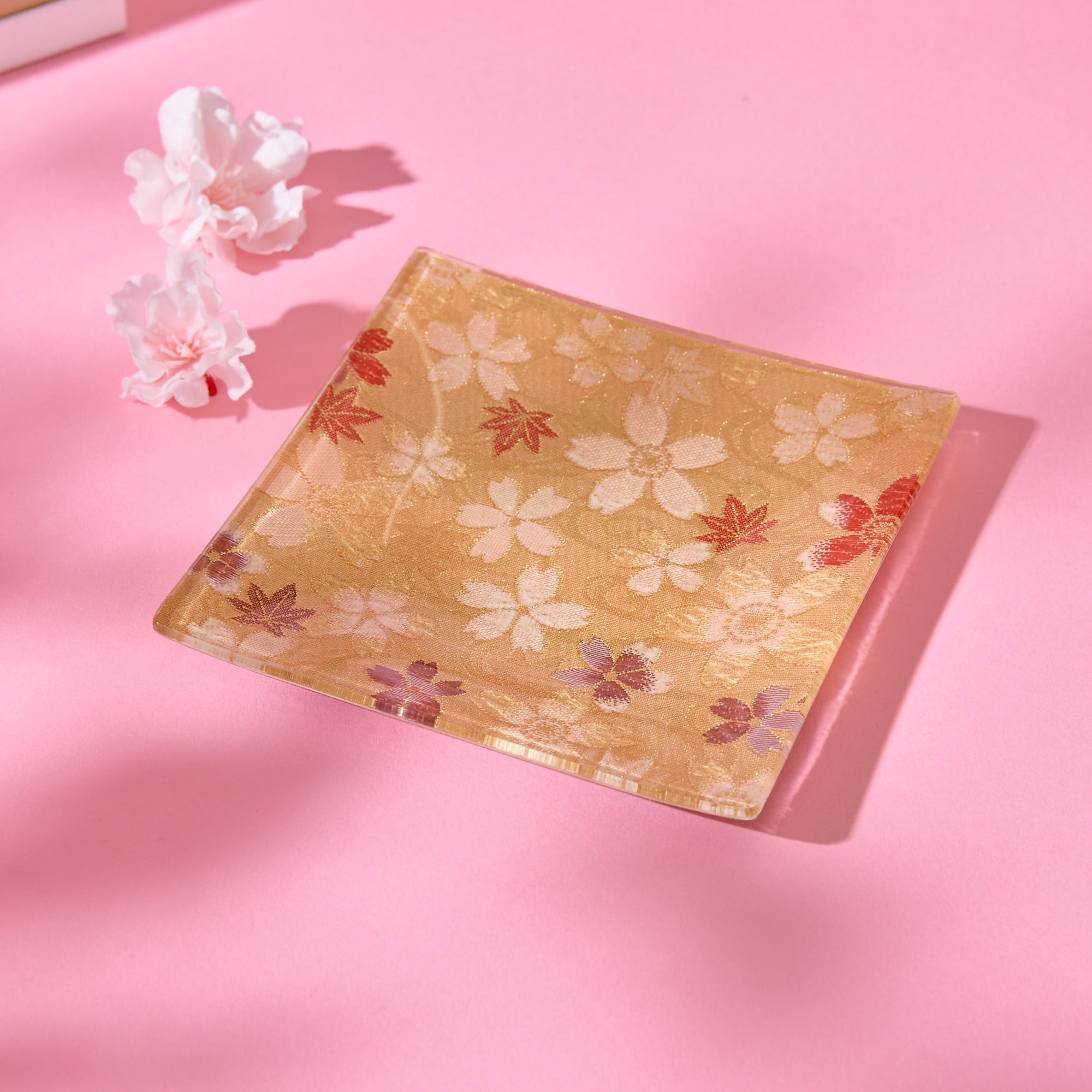 Nishijin Brocade Obi Small Square Glass Plate - Sakura Gold