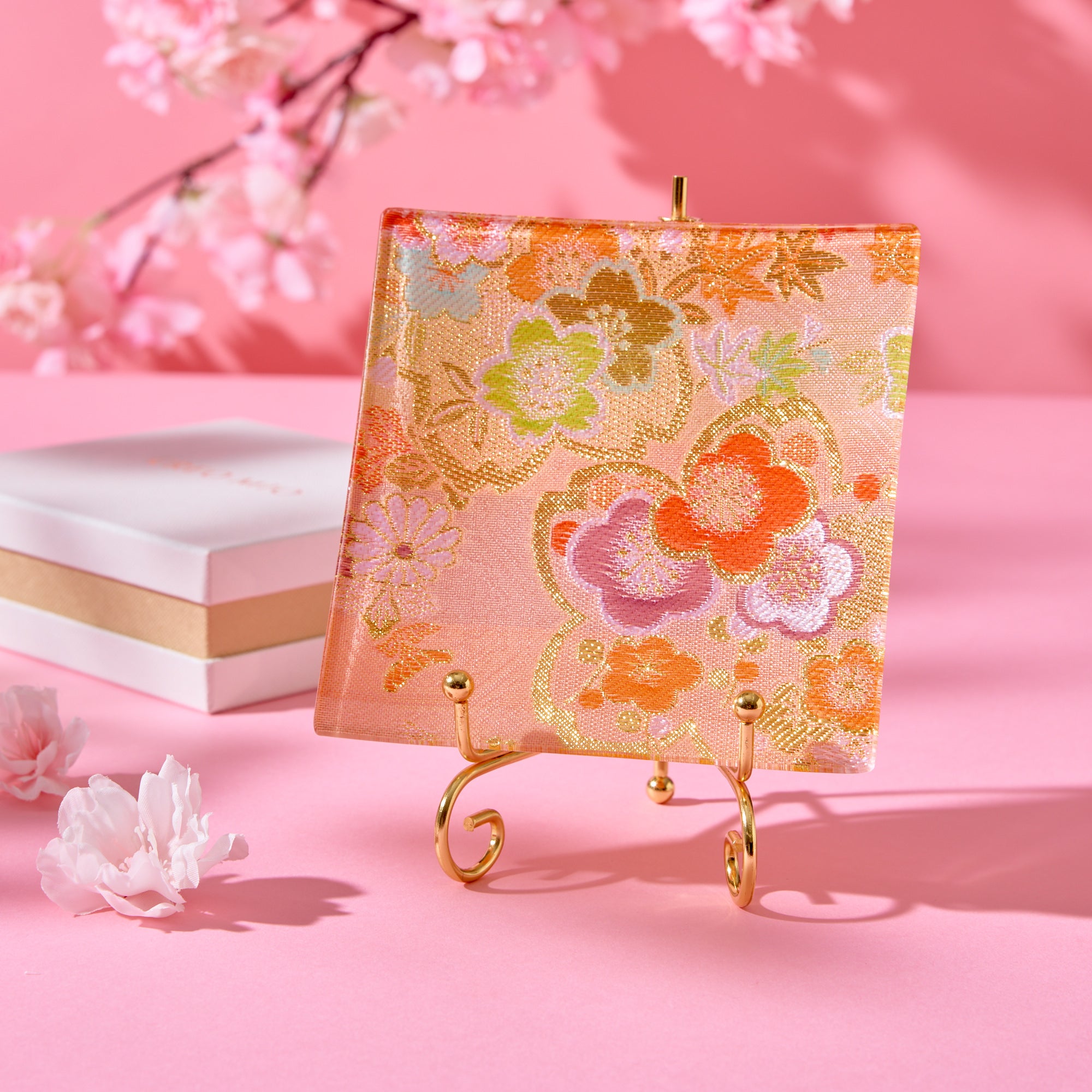 Nishijin Brocade Obi Small Square Glass Plate - Pink