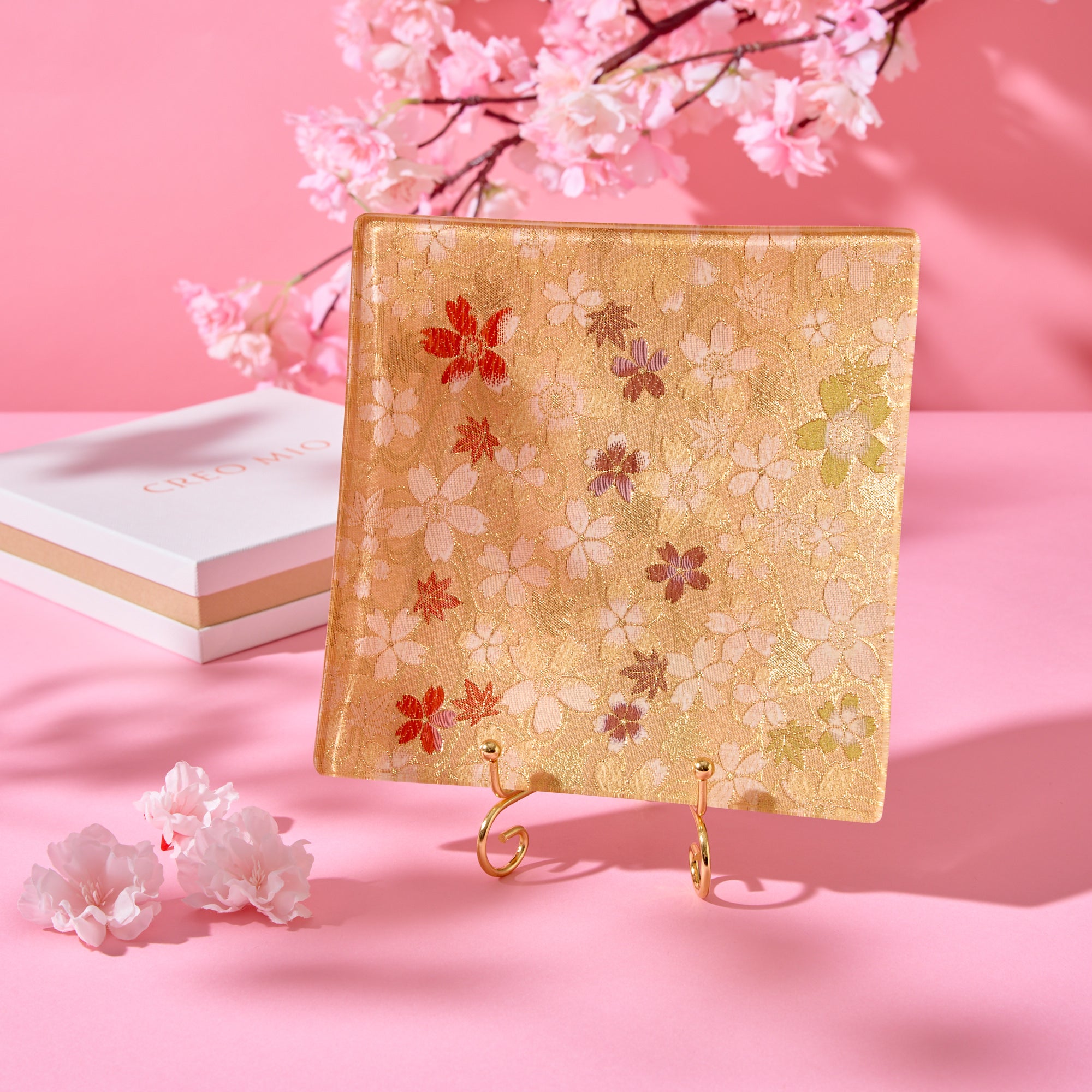 Nishijin Brocade Obi Large Square Glass Plate - Sakura Gold