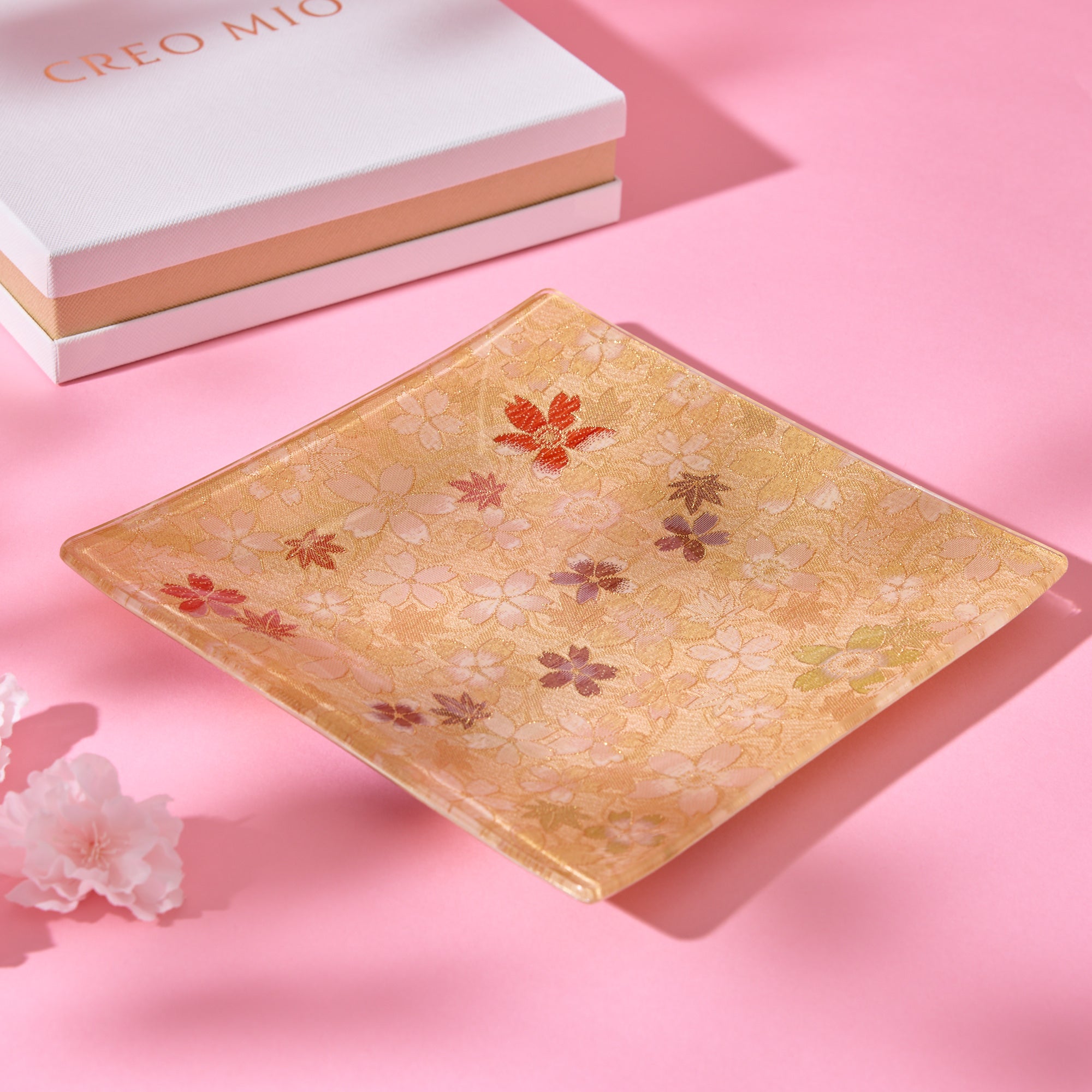 Nishijin Brocade Obi Large Square Glass Plate - Sakura Gold