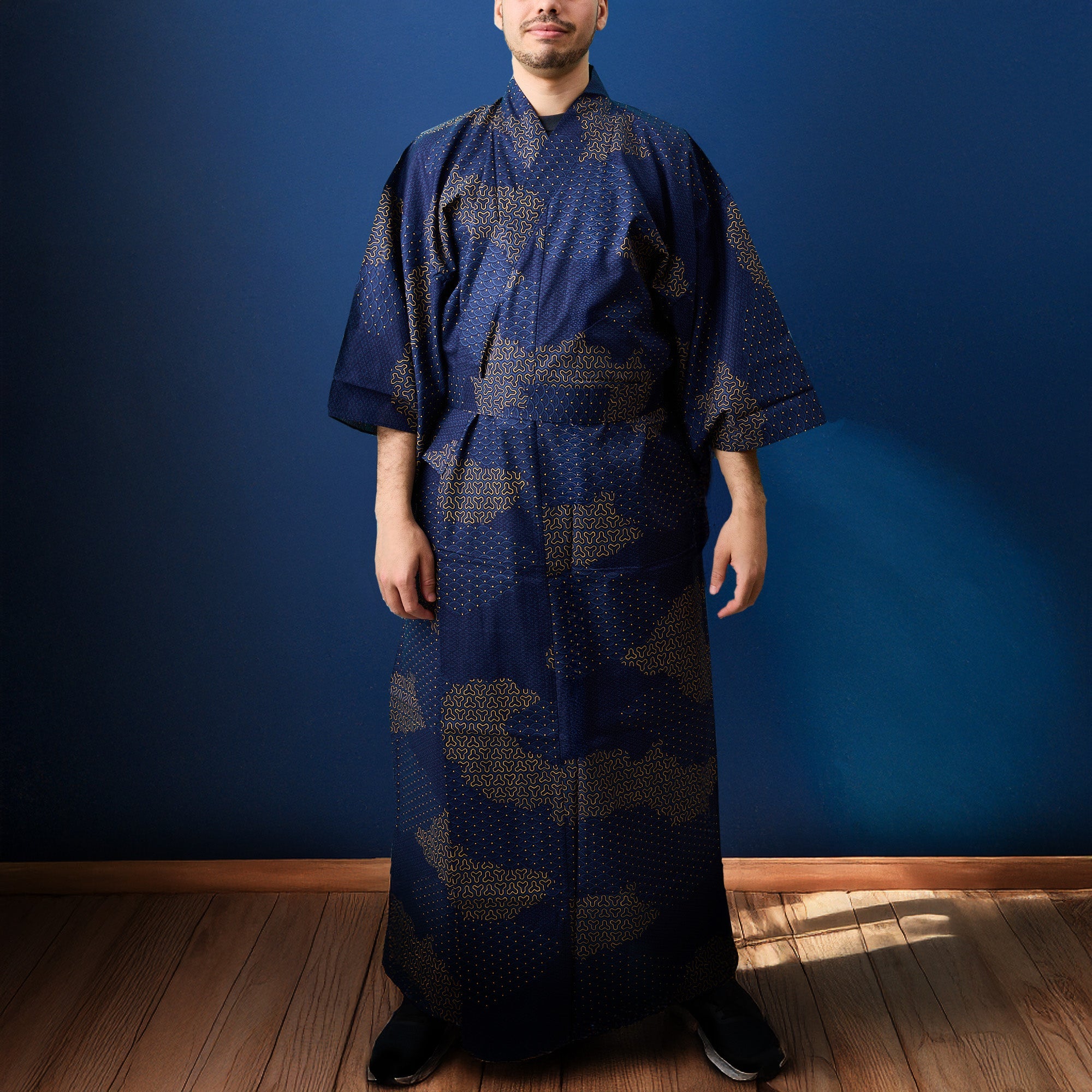 Japanese Kimono Robe (Navy Kumotori komon)