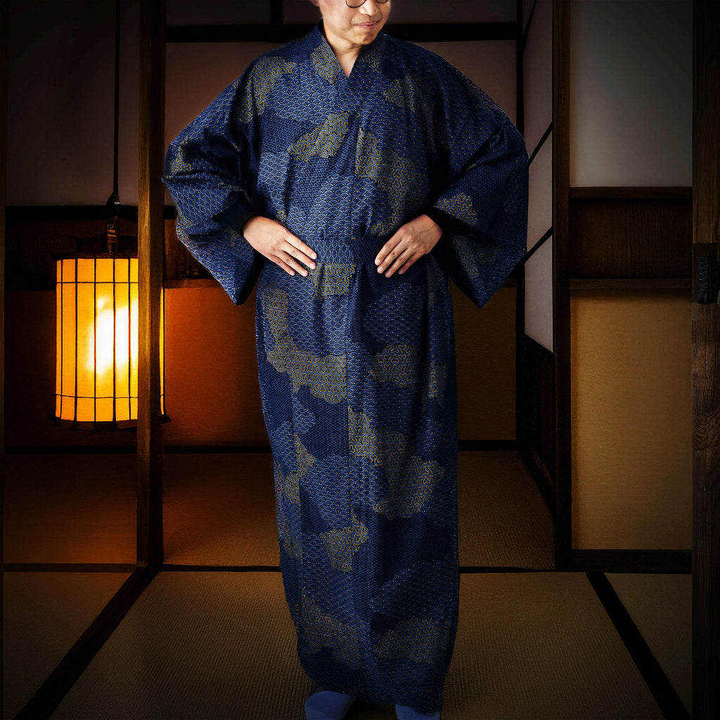 Japanese Kimono Robe (Navy Kumotori komon)