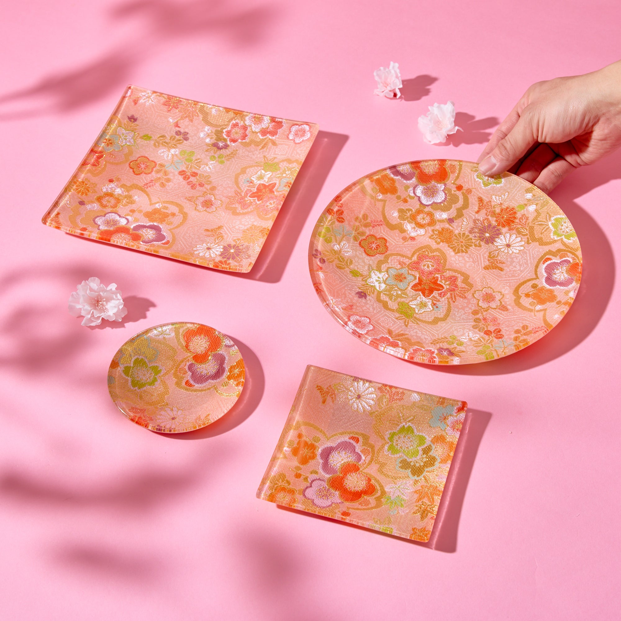 Nishijin Brocade Obi Large Square Glass Plate - Pink