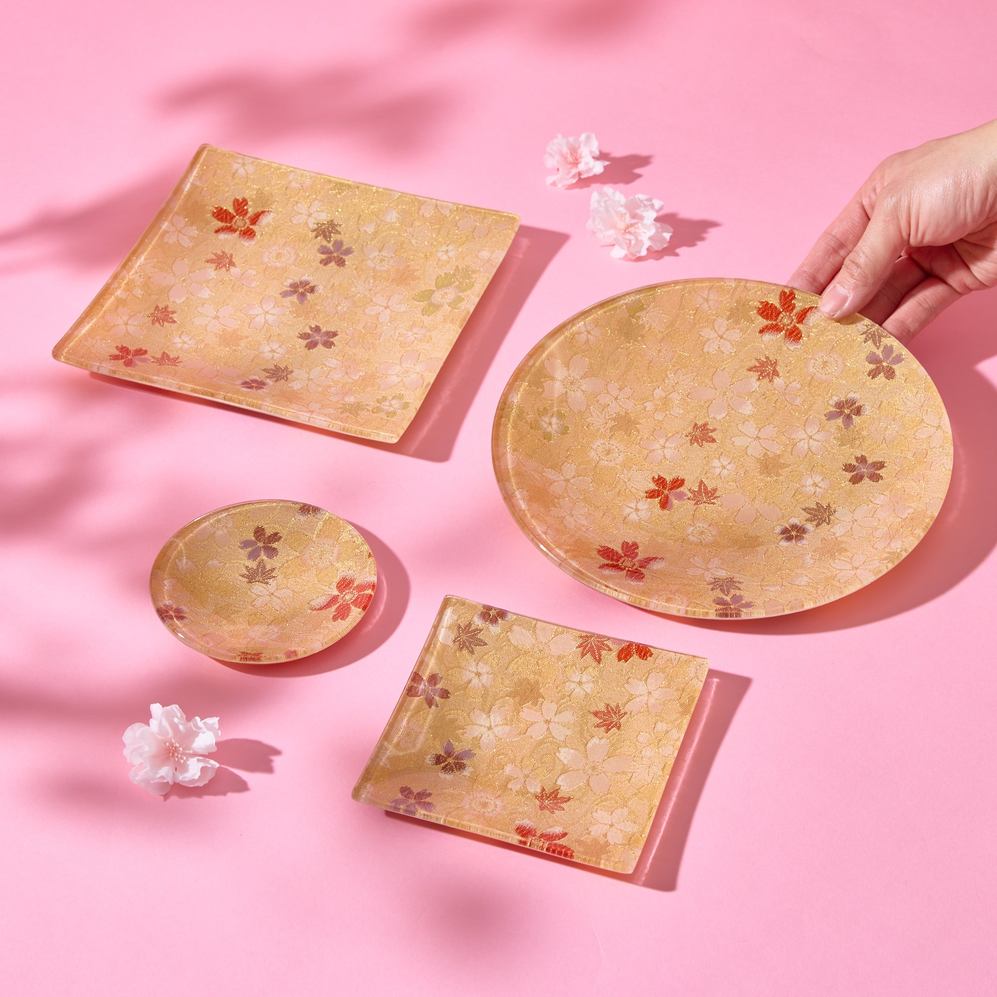 Nishijin Brocade Obi Large Square Glass Plate - Sakura Gold