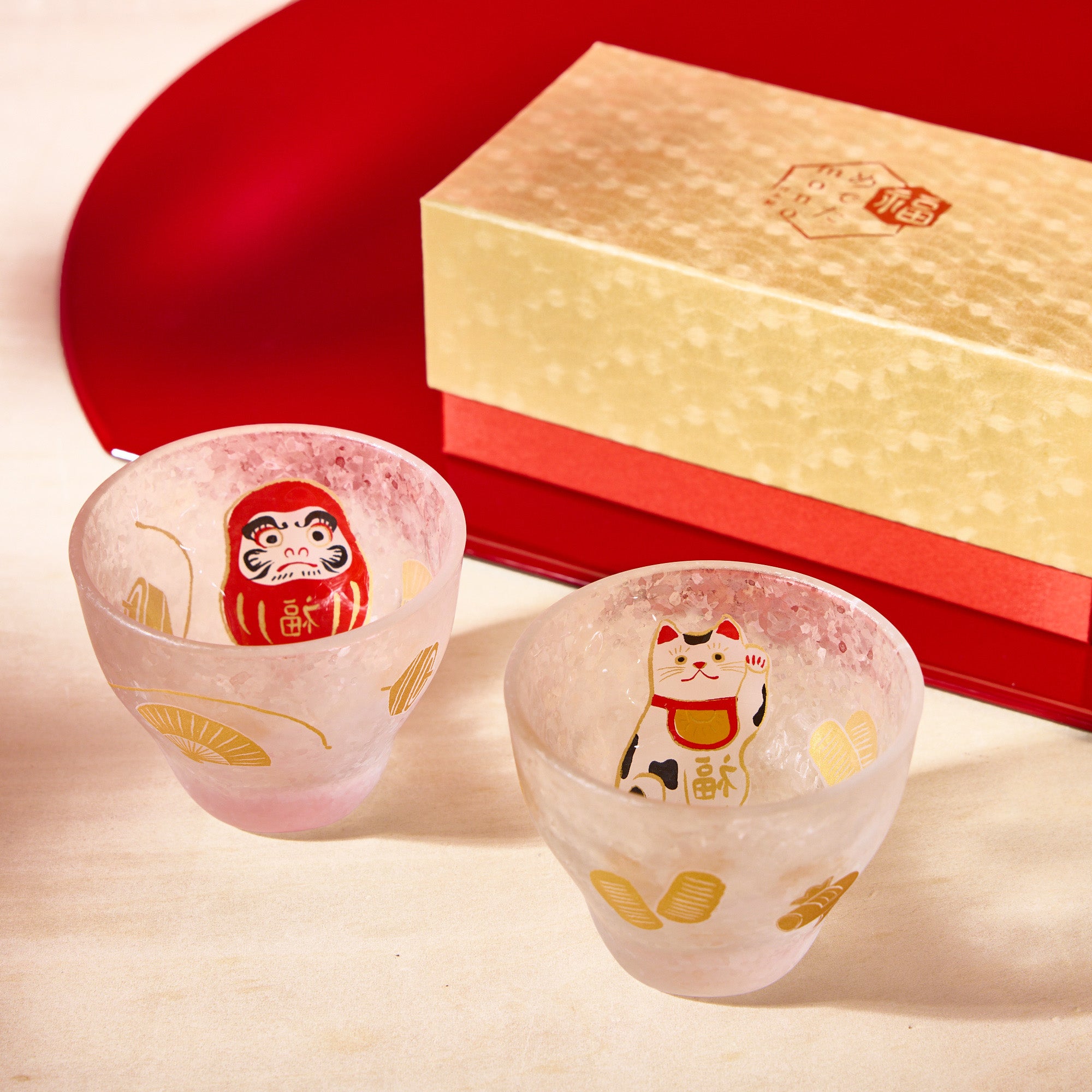 New Year's Beckoning Cat & Daruma Sake Glass Pair