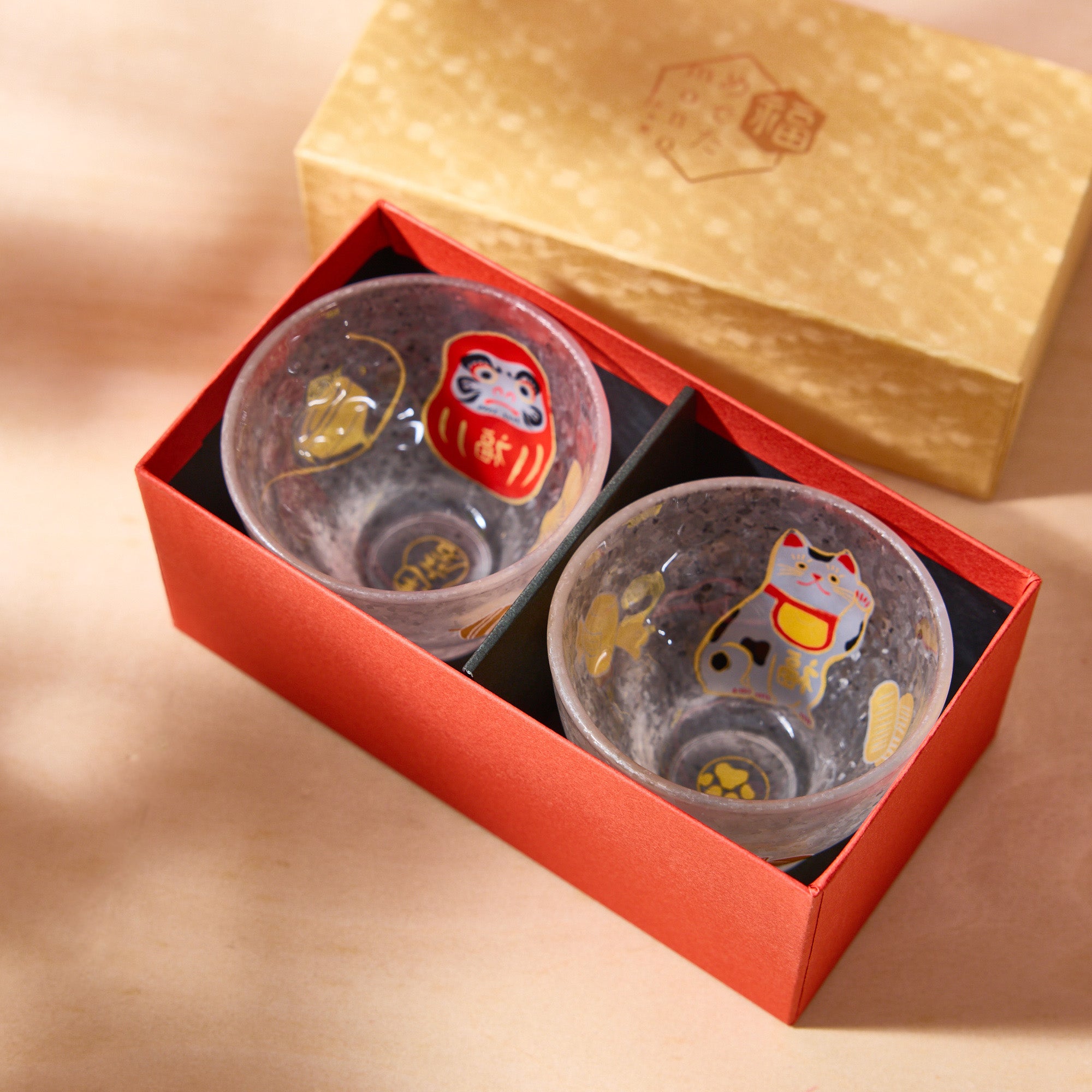 New Year's Beckoning Cat & Daruma Sake Glass Pair