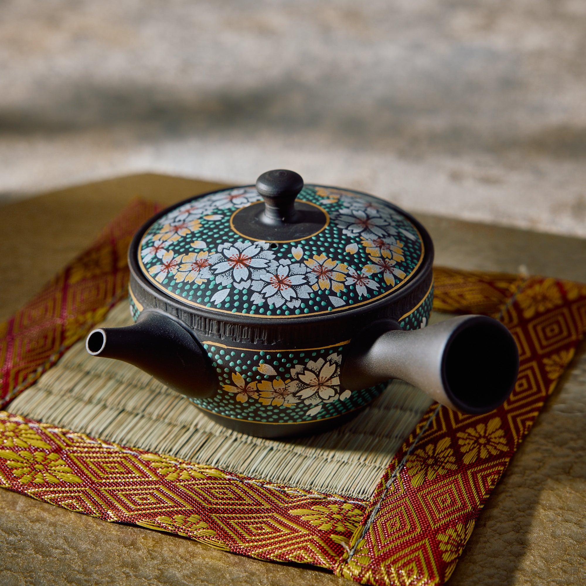 Tamahikari Blue Speckled Sakura Kyusu Teapot