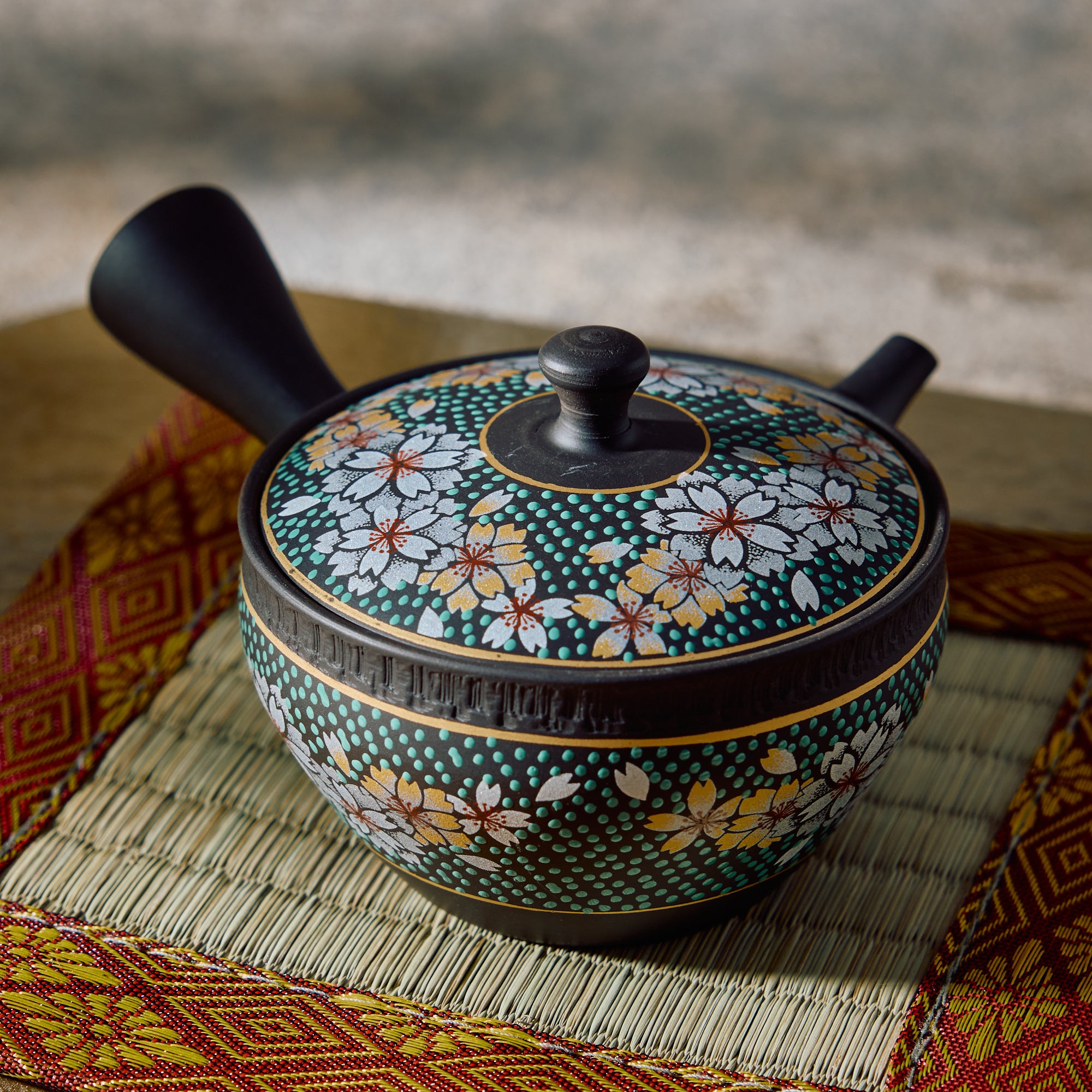 Tamahikari Blue Speckled Sakura Kyusu Teapot