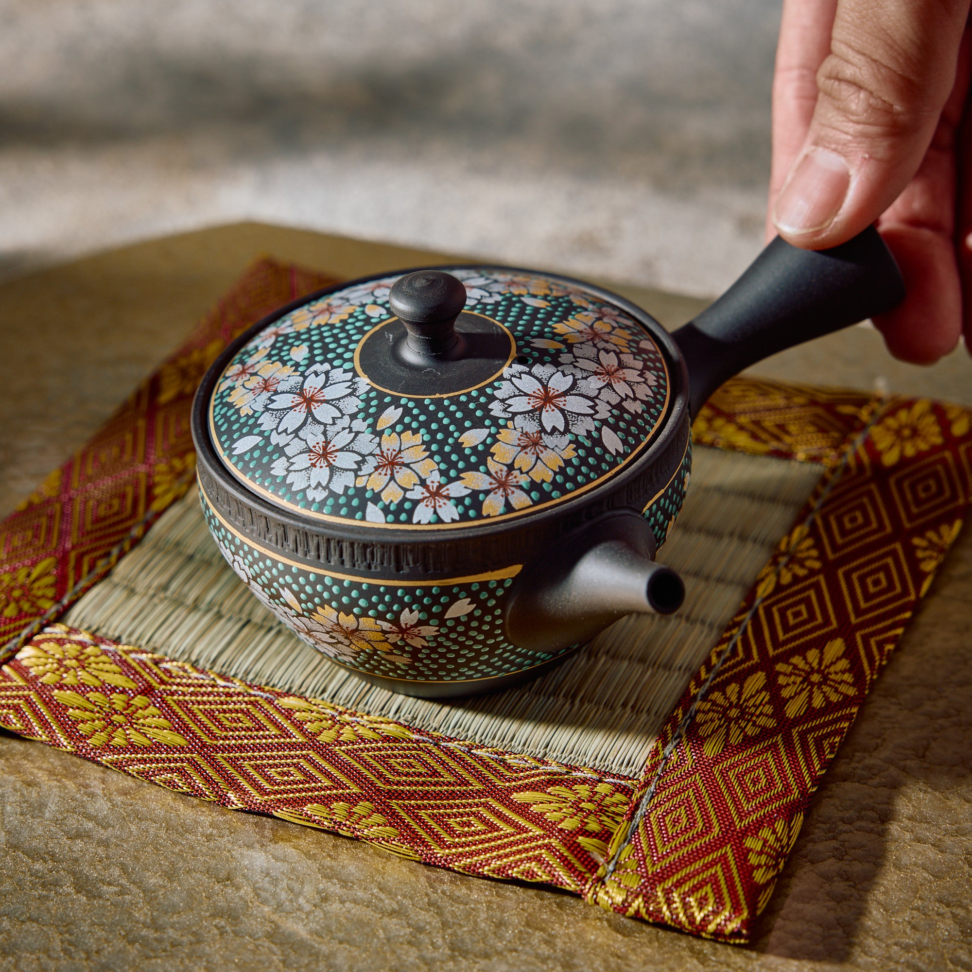 Tamahikari Blue Speckled Sakura Kyusu Teapot