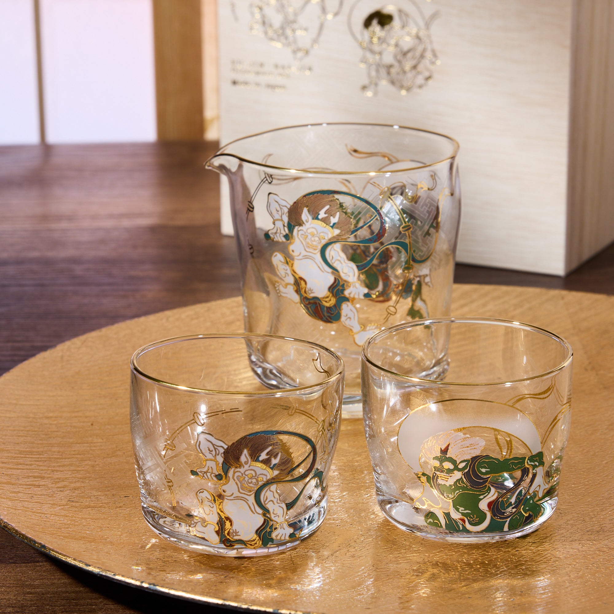 Wind God and Thunder God Glass Sake Set